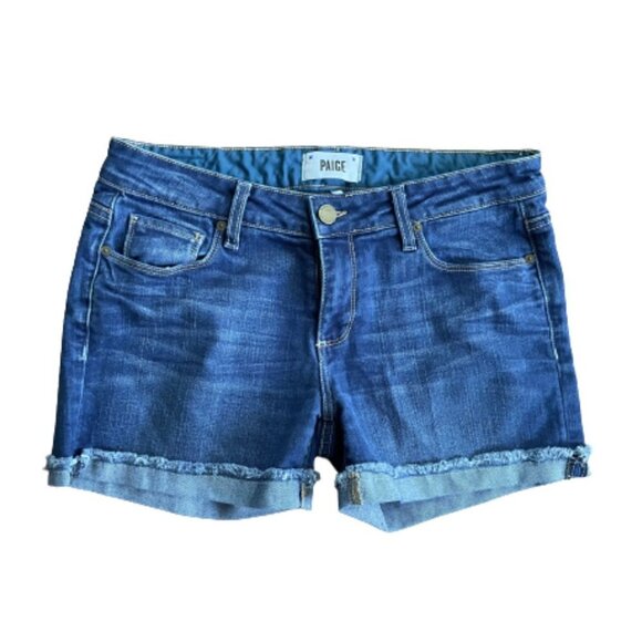 Paige Denim Roll Tab Jean Shorts Blue Dark Wash Stretch Mid-Rise Grunge Sz 27 - Picture 1 of 9